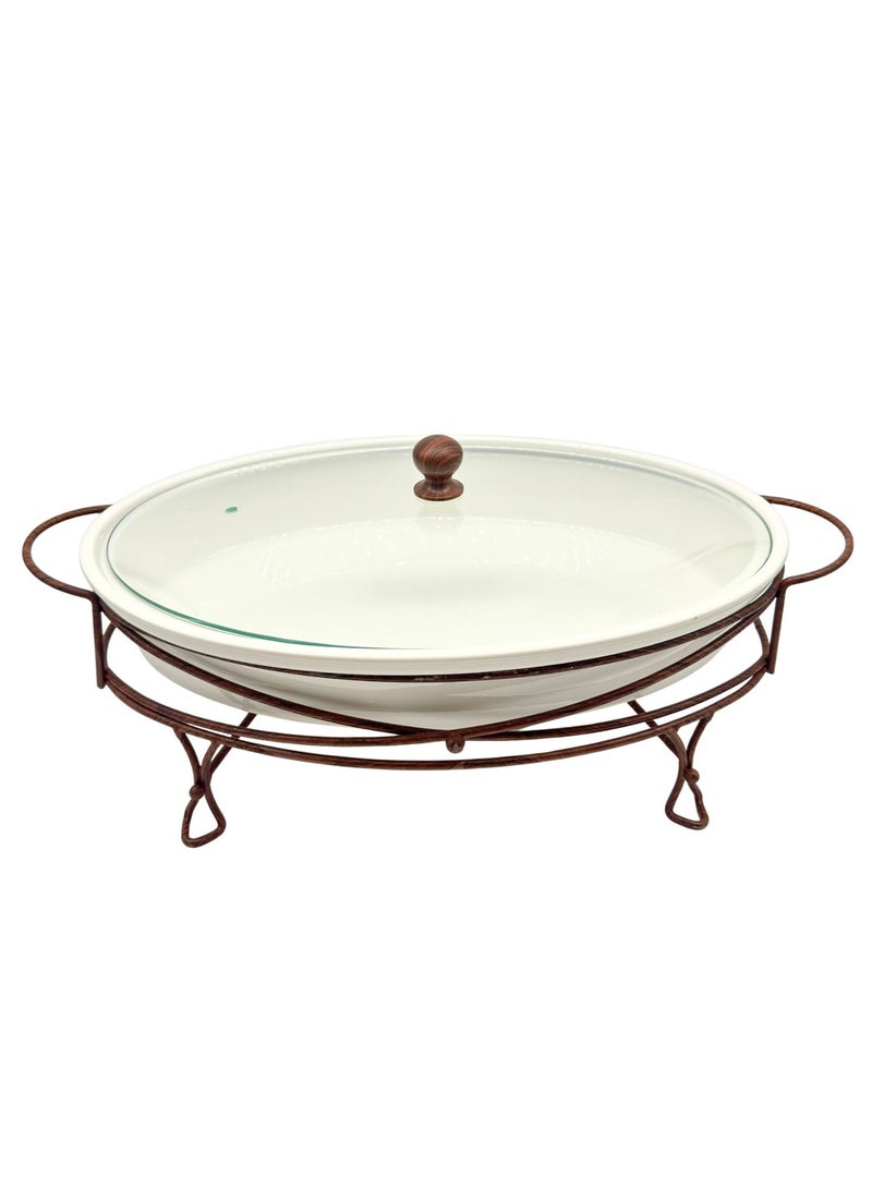 AL-GANNAS 2.7L Oval Ceramic Buffet Food Warmer on Metal Stand | With 2 Tealight Candle Holders, Chafing Dish for Keeping Food Warm - Image 2